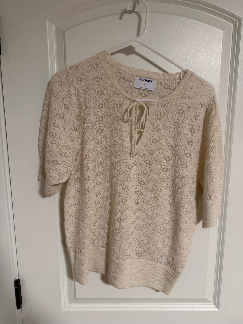 Old Navy Cream Lace-Knit Short Sleeve Tie-Neck Sweater
